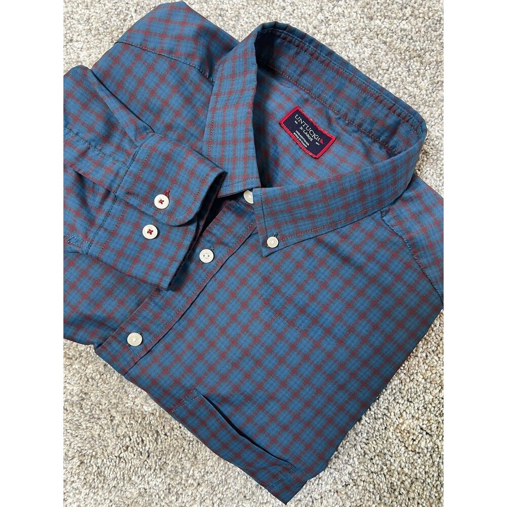 UNTUCKit Gargano Men's Plaid Button-Up Shirt XL Blue Red Long Sleeve Polyester